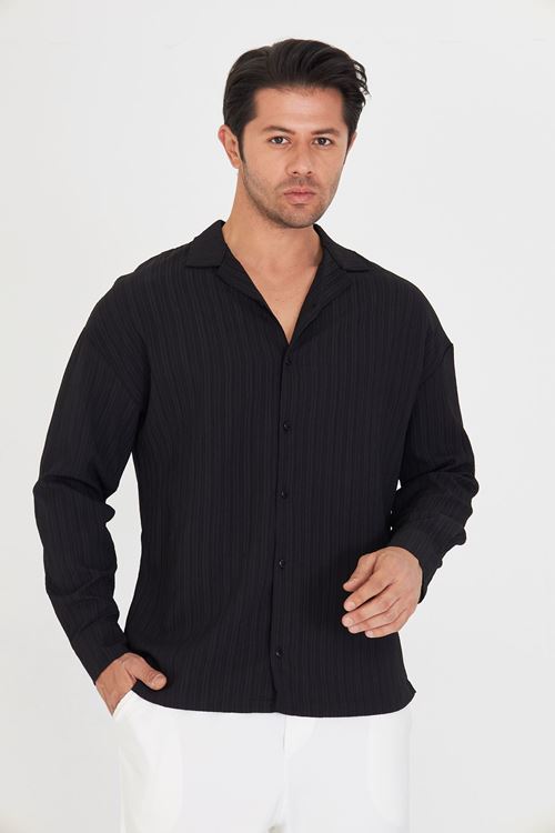 Erkek Düşük Omuz Bürümcük Desen Oversize Apaç Uzun Kol Yaka Gömlek