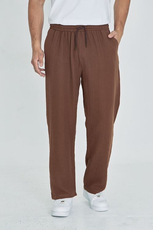 Erkek Baggy Müslin Keten Bel Bağcıklı Lastikli Düz Paça Pantolon
