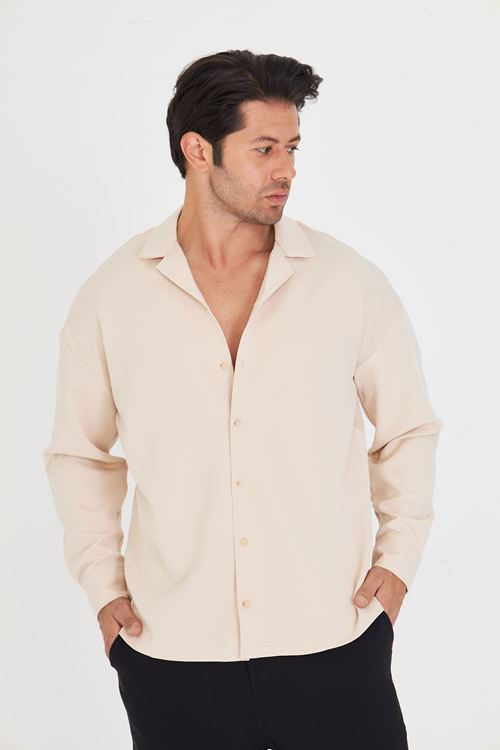 Erkek Uzun Kol Likralı Dabıl Kumaş Apaç Yaka Düşük Omuz Oversize Gömlek