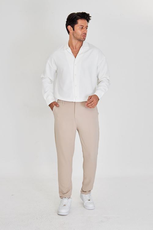 Erkek Bel Yarım Lastikli Kemerli Double Paça Dabıl Face Kumaş Slim Fit Pantolon