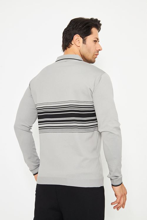 Erkek Göğüs Çizgili Örme Kazak  Şık Ve Rahat Günlük Kullanıma Uygun Düğmeli Polo Yaka Kısa Kol Kazak