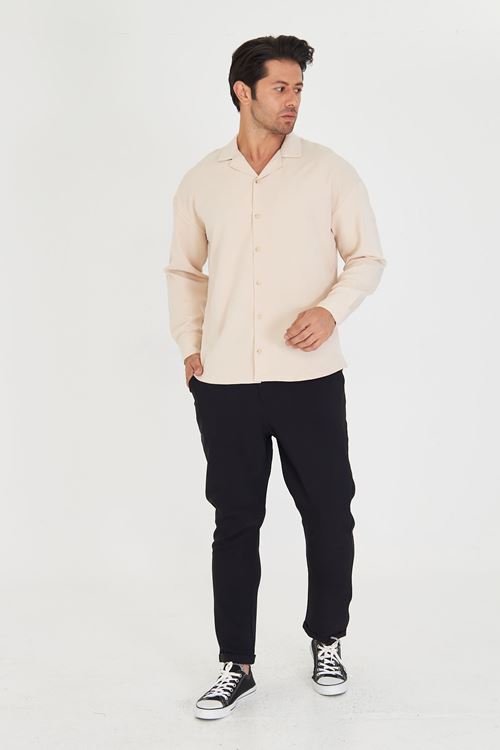 Erkek Uzun Kol Likralı Dabıl Kumaş Apaç Yaka Düşük Omuz Oversize Gömlek