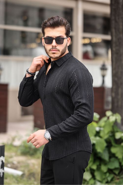 Erkek Uzun Kol Çapraz Delikli Özel Tasarım Desen Örme Kumaş Regular Kalıp Gömlek