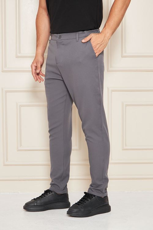 Erkek Bel Yarım Lastikli Kemerli Double Paça Dabıl Face Kumaş Slim Fit Pantolon