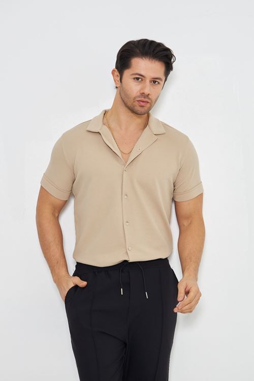 Erkek Örme Kumaş Düğmeli Apaçi yaka Şık Crep Desen Günlük Kullanıma Uygun Kısa Kol Gömlek