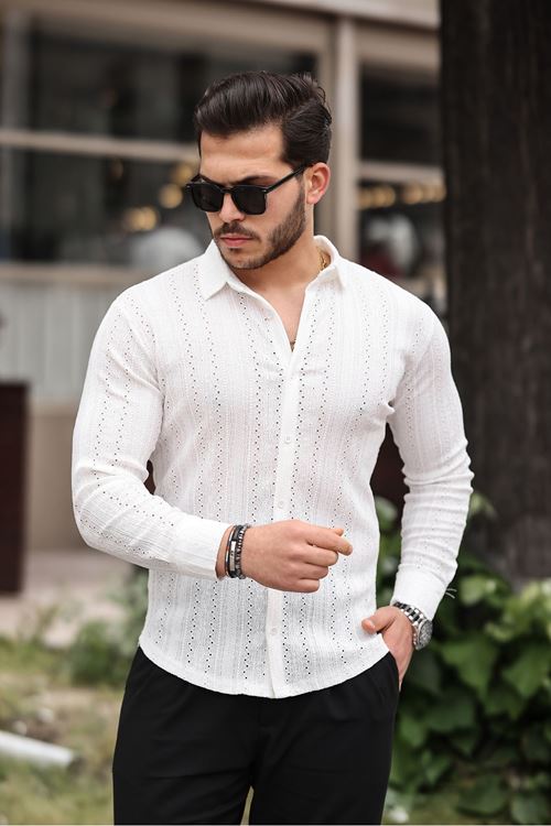 Erkek Uzun Kol Çapraz Delikli Özel Tasarım Desen Örme Kumaş Regular Kalıp Gömlek