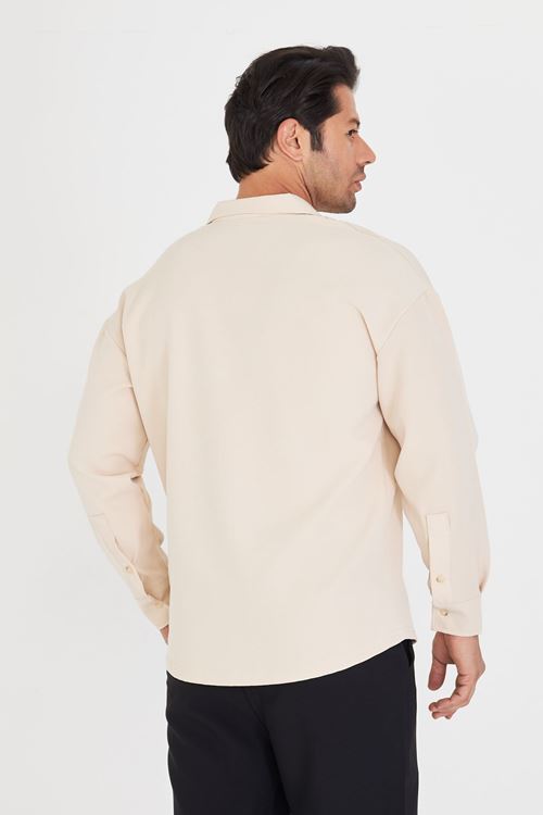 Erkek Uzun Kol Likralı Dabıl Kumaş Apaç Yaka Düşük Omuz Oversize Gömlek