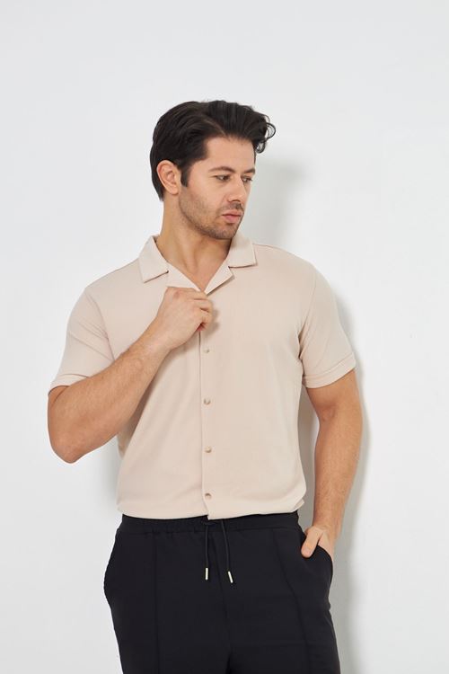 Erkek Örme Kumaş Düğmeli Apaçi yaka Şık Crep Desen Günlük Kullanıma Uygun Kısa Kol Gömlek