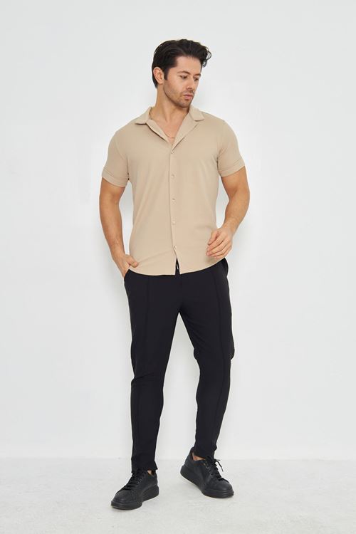 Erkek Örme Kumaş Düğmeli Apaçi yaka Şık Crep Desen Günlük Kullanıma Uygun Kısa Kol Gömlek