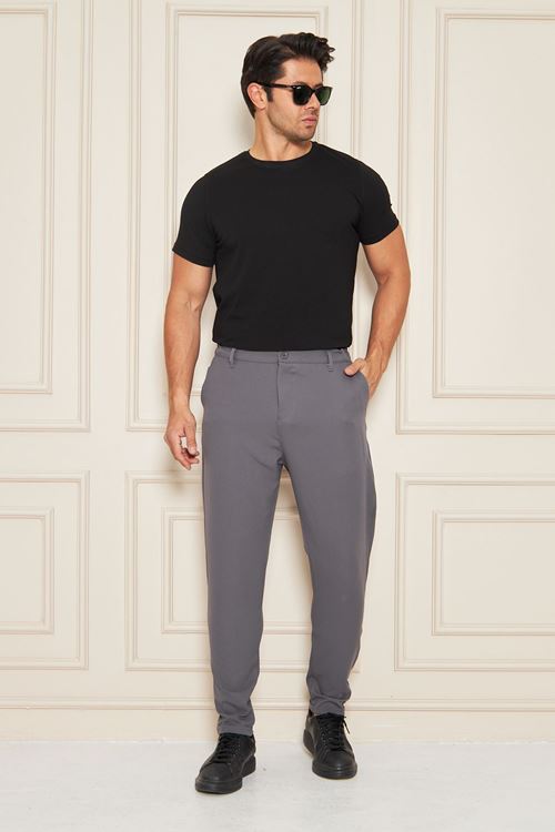 Erkek Bel Yarım Lastikli Kemerli Double Paça Dabıl Face Kumaş Slim Fit Pantolon