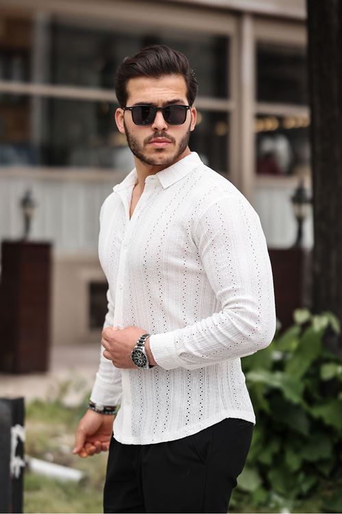Erkek Uzun Kol Çapraz Delikli Özel Tasarım Desen Örme Kumaş Regular Kalıp Gömlek