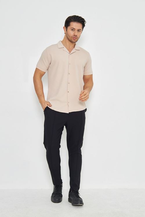 Erkek Örme Kumaş Düğmeli Apaçi yaka Şık Crep Desen Günlük Kullanıma Uygun Kısa Kol Gömlek