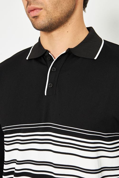 Erkek Göğüs Çizgili Örme Kazak  Şık Ve Rahat Günlük Kullanıma Uygun Düğmeli Polo Yaka Kısa Kol Kazak