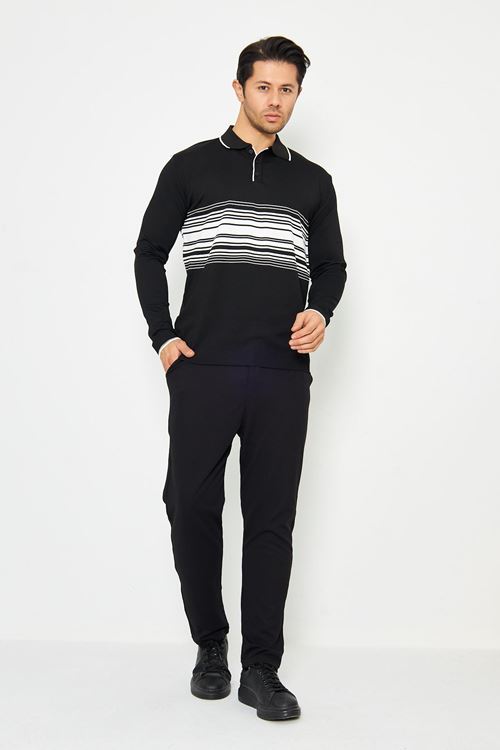 Erkek Göğüs Çizgili Örme Kazak  Şık Ve Rahat Günlük Kullanıma Uygun Düğmeli Polo Yaka Kısa Kol Kazak