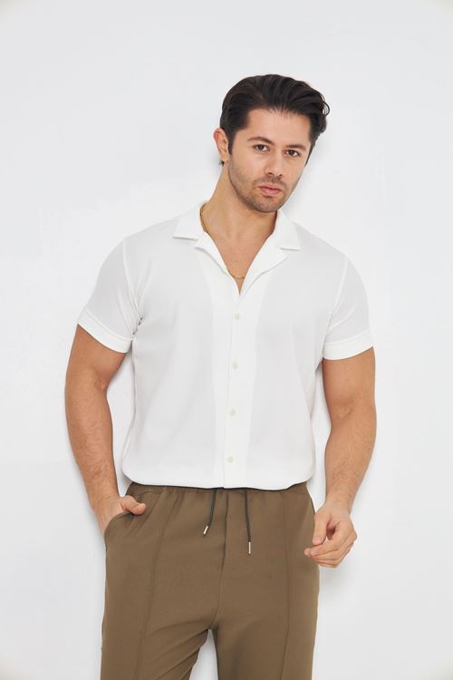 Erkek Örme Kumaş Düğmeli Apaçi yaka Şık Crep Desen Günlük Kullanıma Uygun Kısa Kol Gömlek