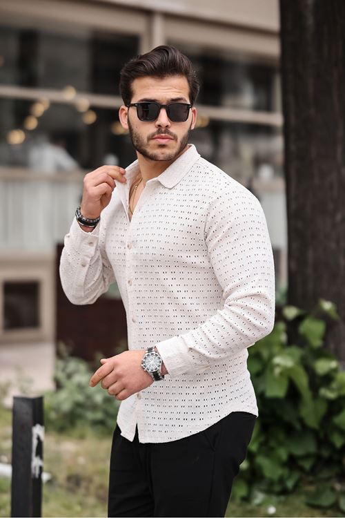 Erkek Uzun Kol Delikli Desen Örme Kumaş Regular Kalıp Kalıp Yeni Sezon Gömlek