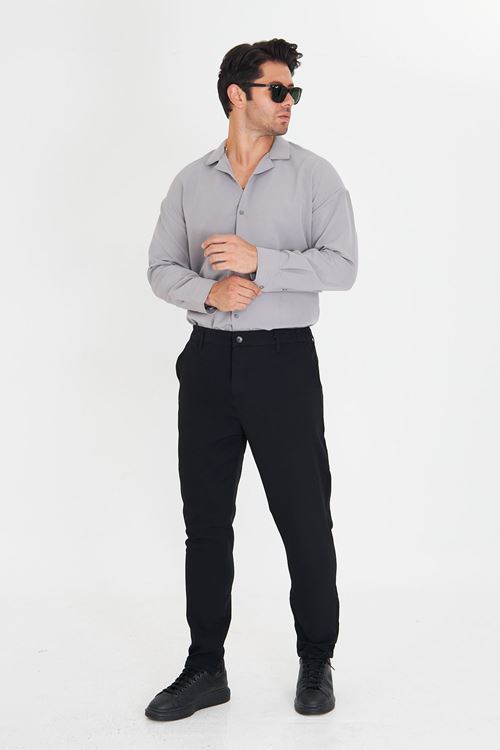 Erkek Bel Yarım Lastikli Kemerli Double Paça Dabıl Face Kumaş Slim Fit Pantolon