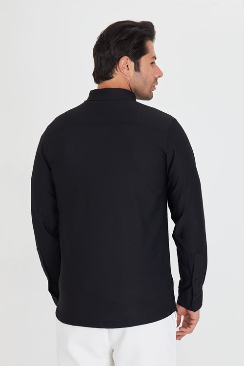 Erkek Uzun Kol Pike Kumaş Dik Yaka Günlük Kullanıma Uygun Slim Klasik Gömlek