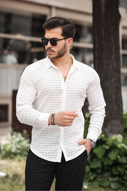 Erkek Uzun Kol Delikli Desen Örme Kumaş Regular Kalıp Kalıp Yeni Sezon Gömlek