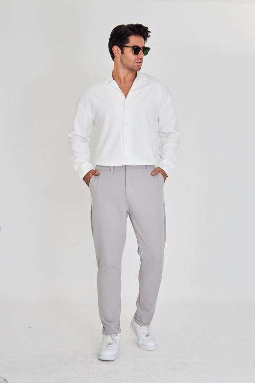 Erkek Bel Yarım Lastikli Kemerli Double Paça Dabıl Face Kumaş Slim Fit Pantolon