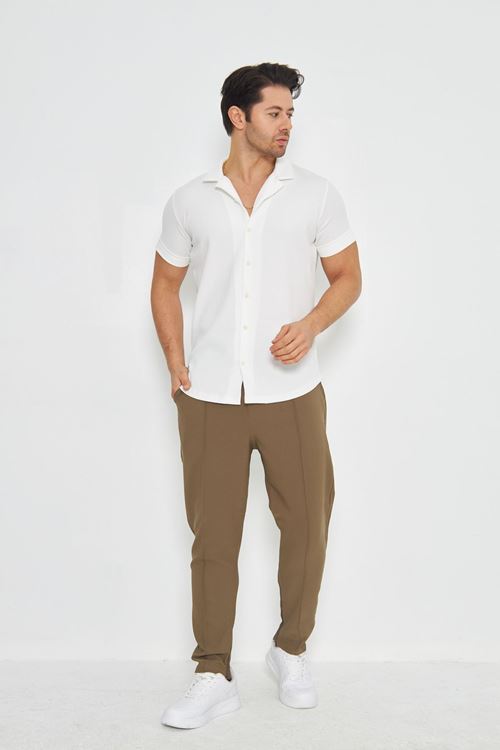 Erkek Örme Kumaş Düğmeli Apaçi yaka Şık Crep Desen Günlük Kullanıma Uygun Kısa Kol Gömlek