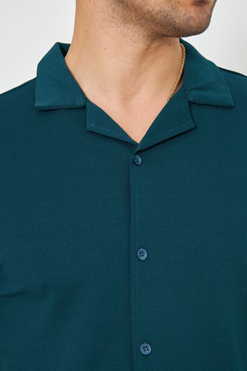 Erkek Örme Kumaş Düğmeli Apaçi yaka Şık Crep Desen Günlük Kullanıma Uygun Kısa Kol Gömlek