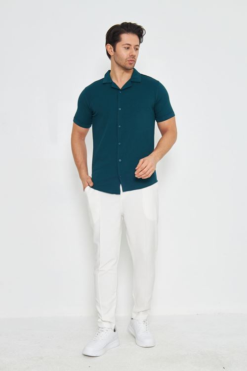 Erkek Örme Kumaş Düğmeli Apaçi yaka Şık Crep Desen Günlük Kullanıma Uygun Kısa Kol Gömlek