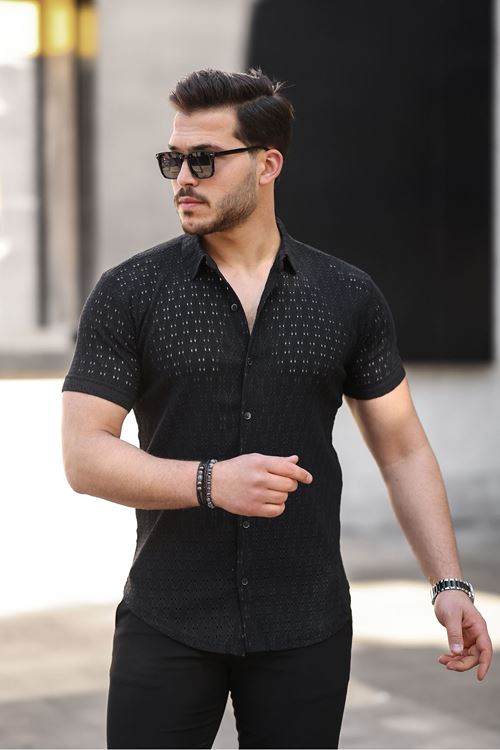 Erkek Kısa Kol Delikli Desen Örme Kumaş Regular Kalıp Kalıp Yeni Sezon Gömlek