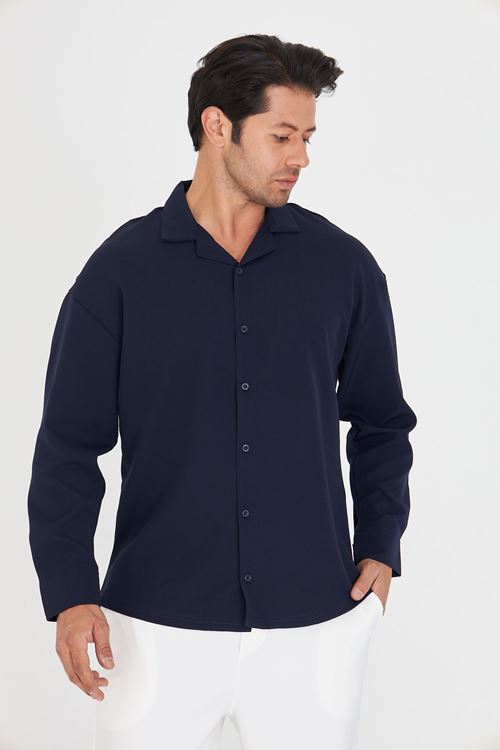 Erkek Uzun Kol Likralı Dabıl Kumaş Apaç Yaka Düşük Omuz Oversize Gömlek