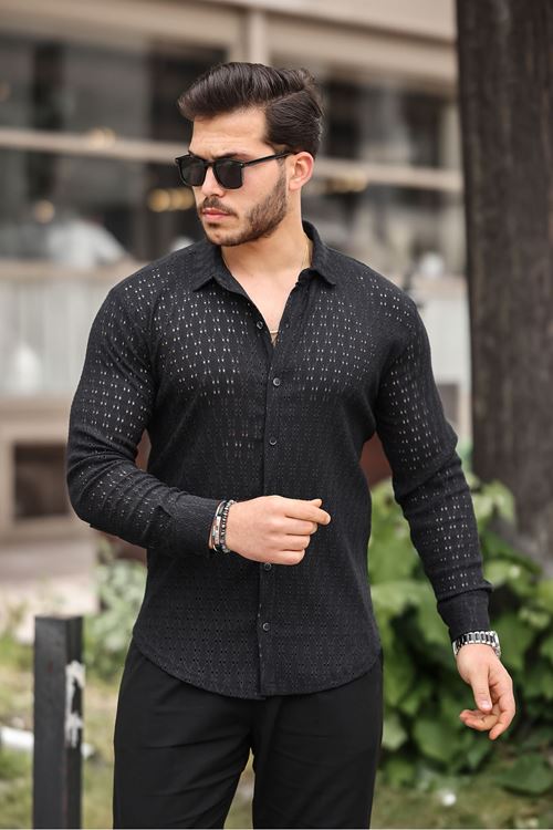 Erkek Uzun Kol Delikli Desen Örme Kumaş Regular Kalıp Kalıp Yeni Sezon Gömlek