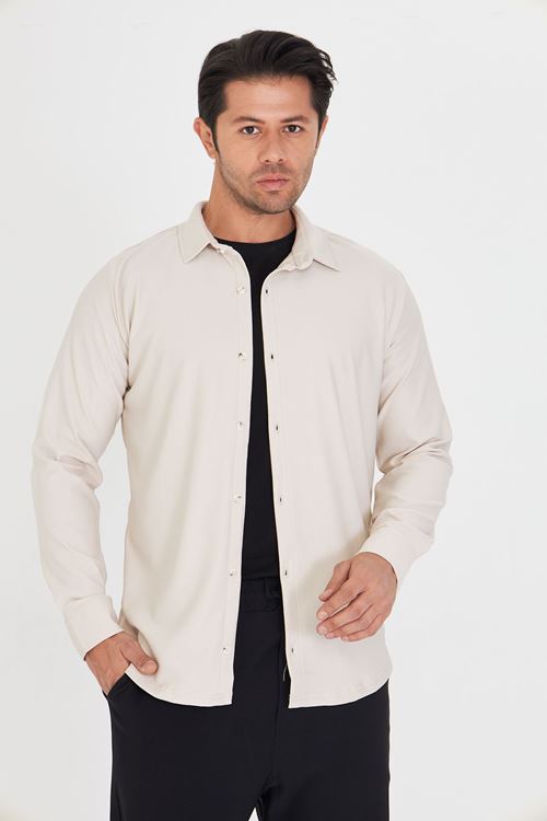 Erkek Uzun Kol Pike Kumaş Dik Yaka Günlük Kullanıma Uygun Slim Klasik Gömlek
