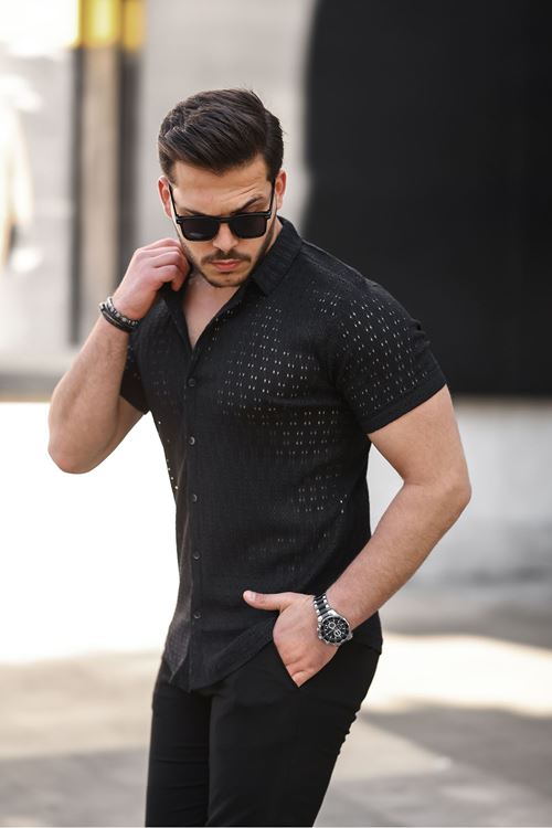 Erkek Kısa Kol Delikli Desen Örme Kumaş Regular Kalıp Kalıp Yeni Sezon Gömlek