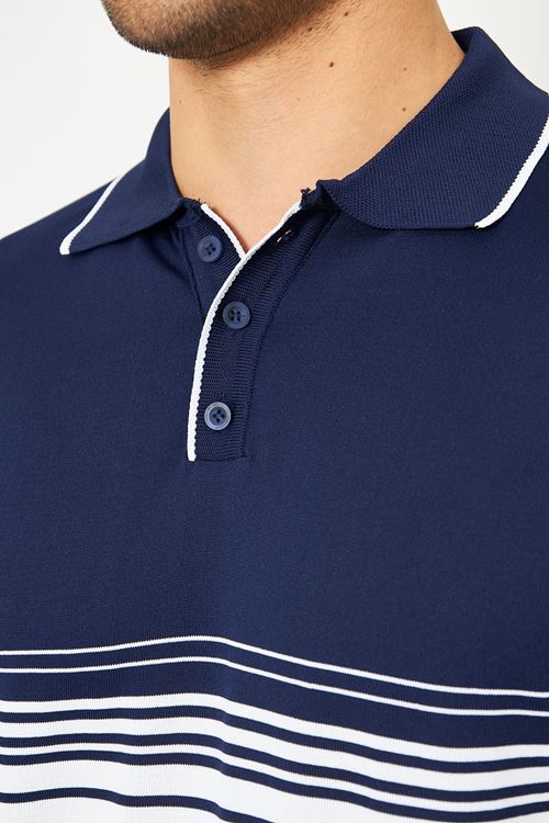 Erkek Göğüs Çizgili Örme Kazak  Şık Ve Rahat Günlük Kullanıma Uygun Düğmeli Polo Yaka Kısa Kol Kazak