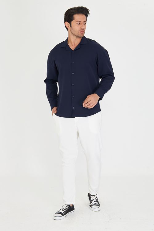 Erkek Uzun Kol Likralı Dabıl Kumaş Apaç Yaka Düşük Omuz Oversize Gömlek