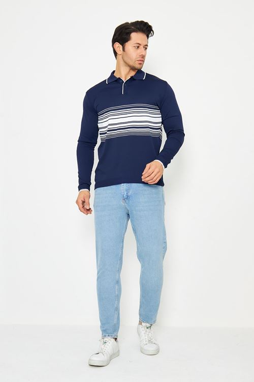 Erkek Göğüs Çizgili Örme Kazak  Şık Ve Rahat Günlük Kullanıma Uygun Düğmeli Polo Yaka Kısa Kol Kazak