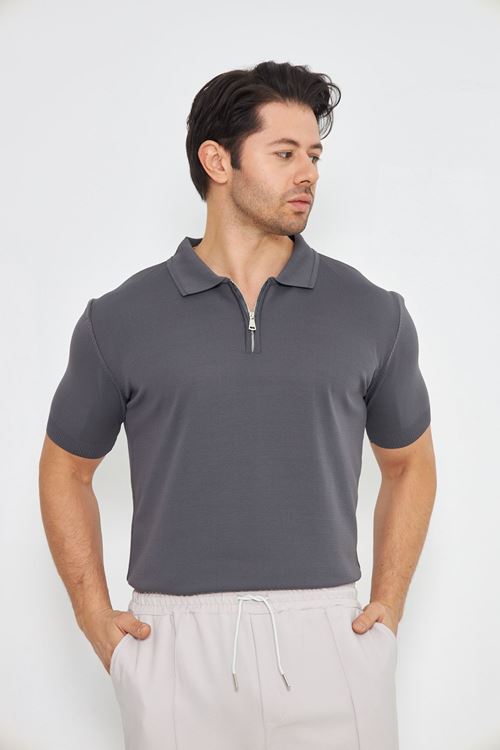 Erkek Yazlık Rahat Ve Trend Polo Yaka Ve Dikey Fermuarlı Klasik  Kısa Kollu Kazak