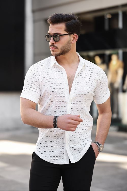 Erkek Kısa Kol Delikli Desen Örme Kumaş Regular Kalıp Kalıp Yeni Sezon Gömlek