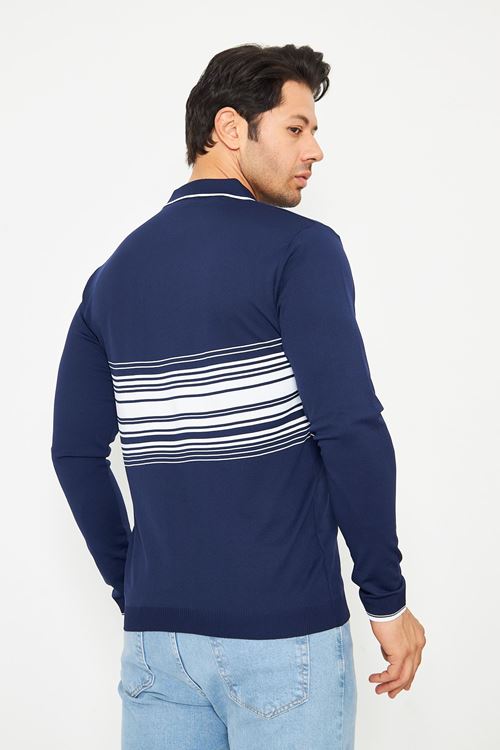 Erkek Göğüs Çizgili Örme Kazak  Şık Ve Rahat Günlük Kullanıma Uygun Düğmeli Polo Yaka Kısa Kol Kazak