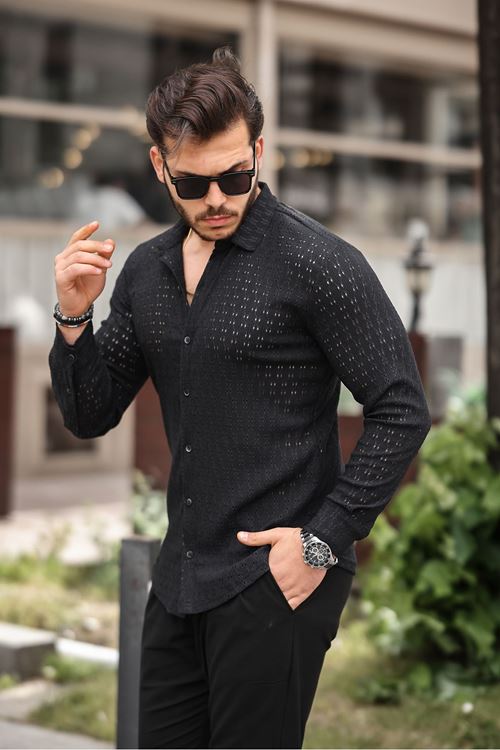 Erkek Uzun Kol Delikli Desen Örme Kumaş Regular Kalıp Kalıp Yeni Sezon Gömlek