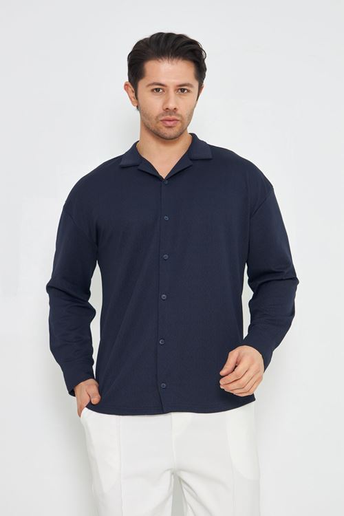 Erkek Yarım Oversize Uzun Kol Apaçi Yaka Ütü Gerektirmeyen Crep Desen Gömlek