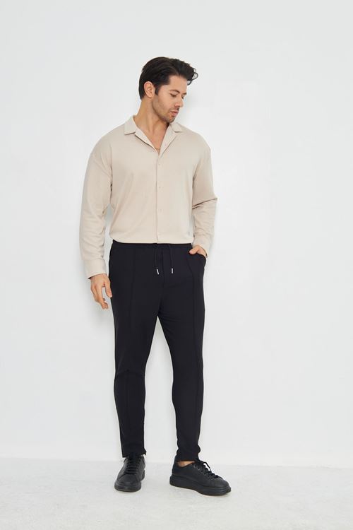 Erkek Yarım Oversize Uzun Kol Apaçi Yaka Ütü Gerektirmeyen Crep Desen Gömlek