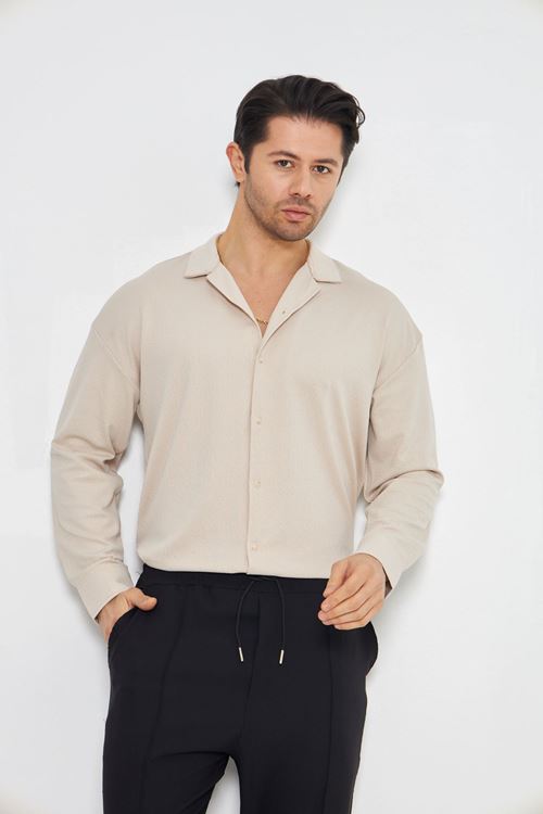 Erkek Yarım Oversize Uzun Kol Apaçi Yaka Ütü Gerektirmeyen Crep Desen Gömlek