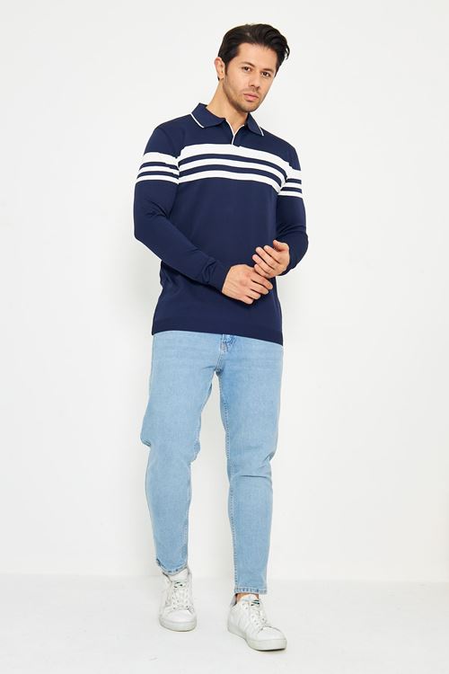 Erkek Gömlek Yaka Göğüs Çizgili Triko Kazak