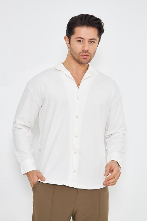 Erkek Yarım Oversize Uzun Kol Apaçi Yaka Ütü Gerektirmeyen Crep Desen Gömlek