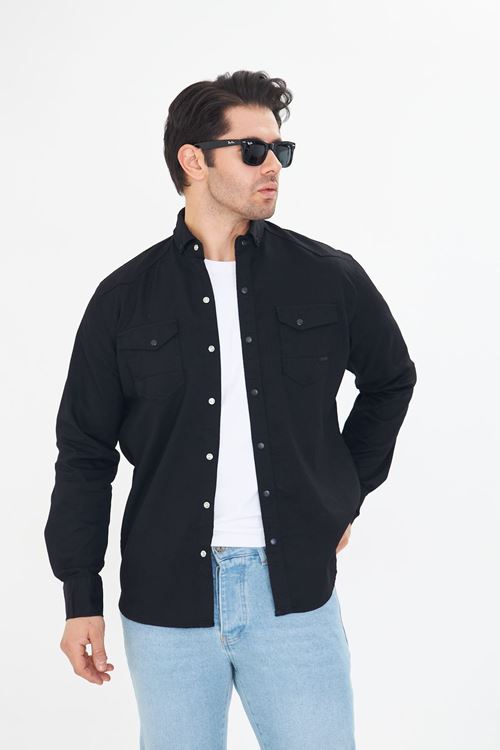 Erkek Siyah Slim Fit Dar Kalıp Çift Cepli Pamuklu Kot Gömlek