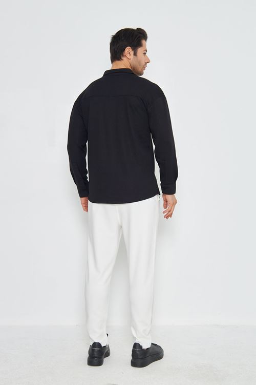 Erkek Yarım Oversize Uzun Kol Apaçi Yaka Ütü Gerektirmeyen Crep Desen Gömlek