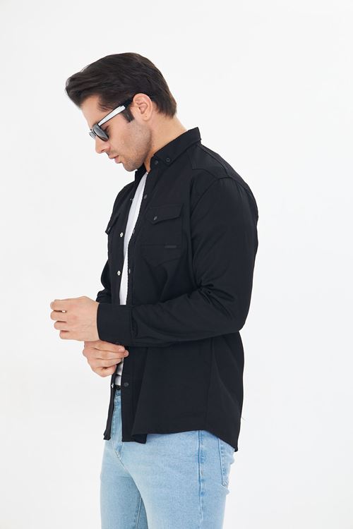 Erkek Siyah Slim Fit Dar Kalıp Çift Cepli Pamuklu Kot Gömlek