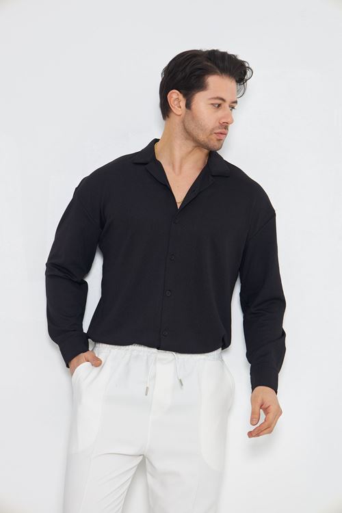 Erkek Yarım Oversize Uzun Kol Apaçi Yaka Ütü Gerektirmeyen Crep Desen Gömlek