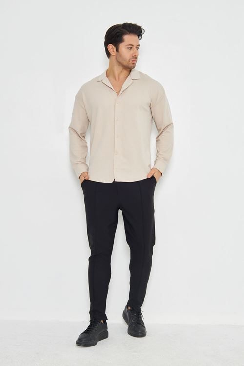 Erkek Yarım Oversize Uzun Kol Apaçi Yaka Ütü Gerektirmeyen Crep Desen Gömlek