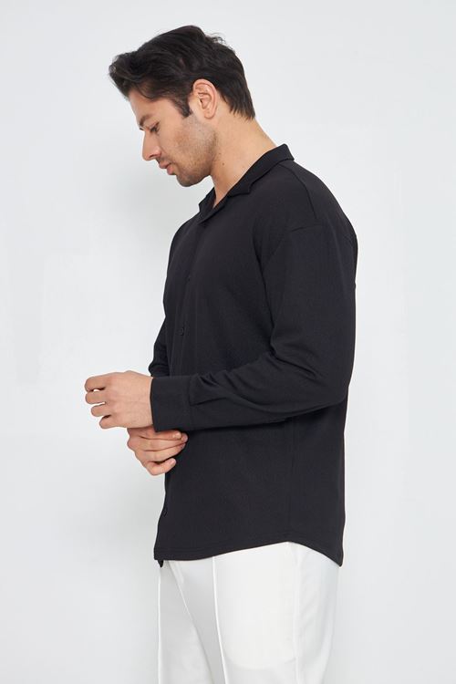 Erkek Yarım Oversize Uzun Kol Apaçi Yaka Ütü Gerektirmeyen Crep Desen Gömlek